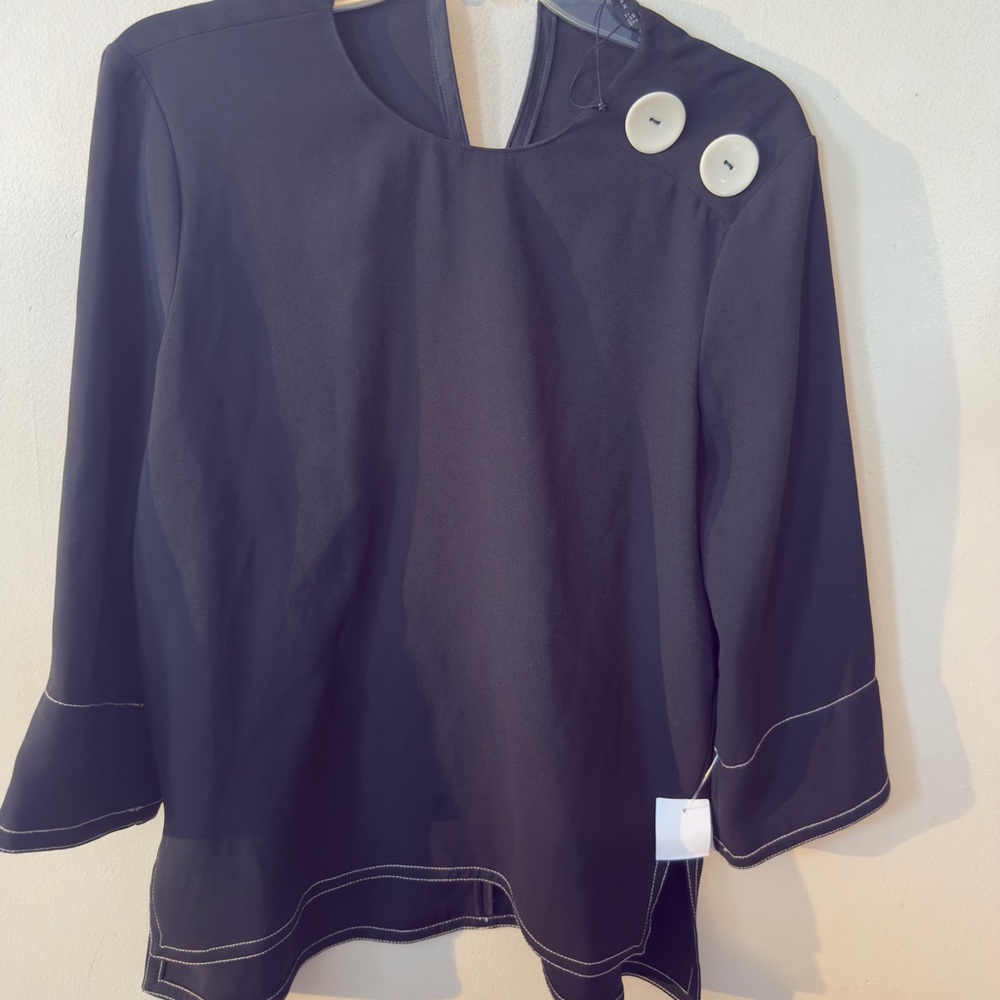 Zara Black Long Sleeve Top with Contrast Stitching & Button Details